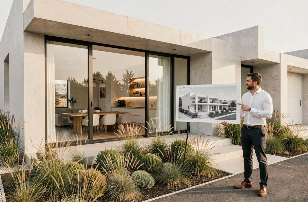 Designer présentant un concept architectural devant une maison contemporaine créée par Créa Concept dans l'Aude