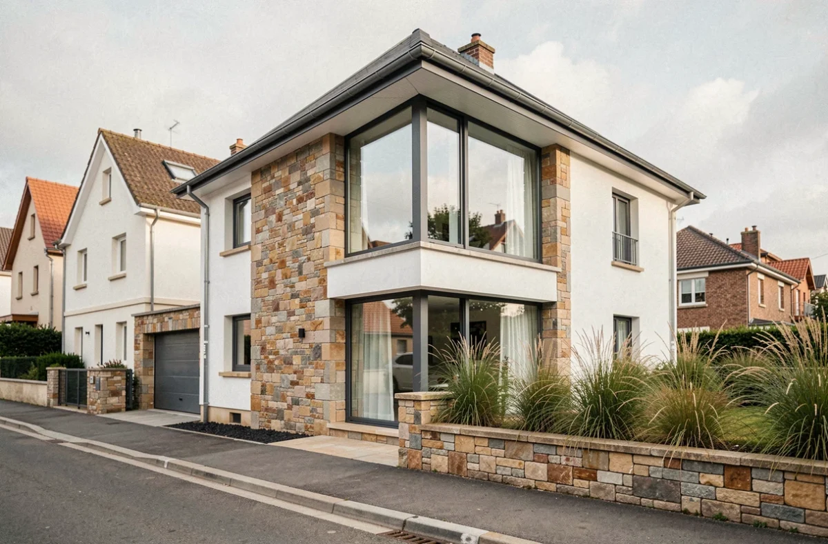 Maison sur mesure avec toiture asymétrique et pierre naturelle construite par Créa Concept en Gironde