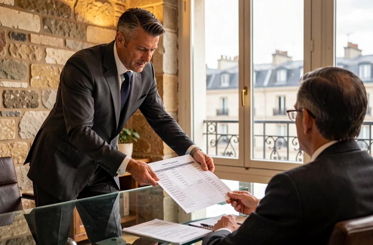 Courtier Credixia présentant une feuille de taux négocié dans un bureau parisien