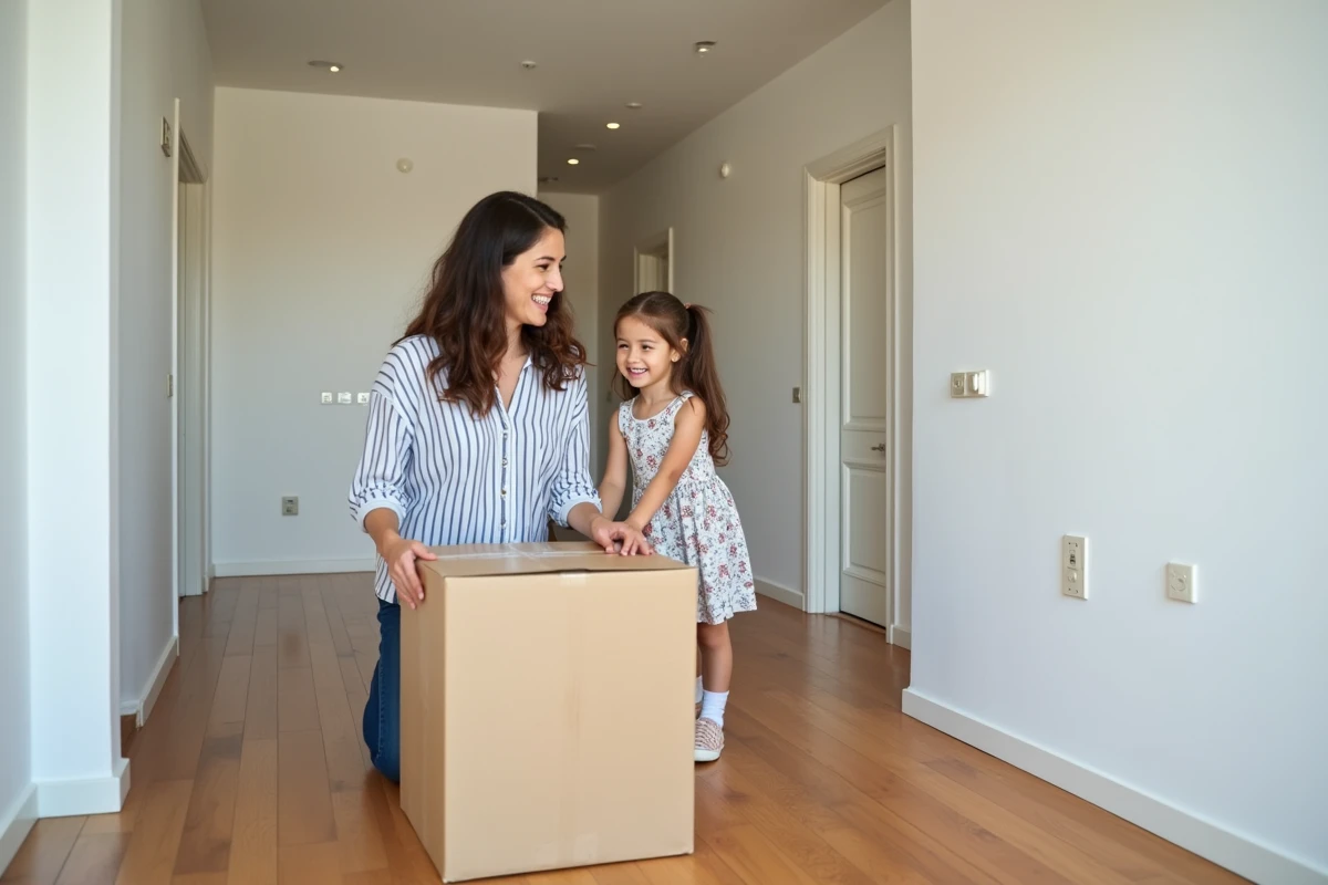 Mère et fille déballant des cartons dans un appartement neuf