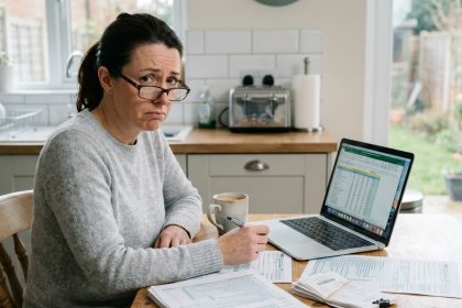 Femme en train de remplir sa déclaration d'impôt sur le revenu avec des documents de revenus locatifs étalés sur une table de cuisine