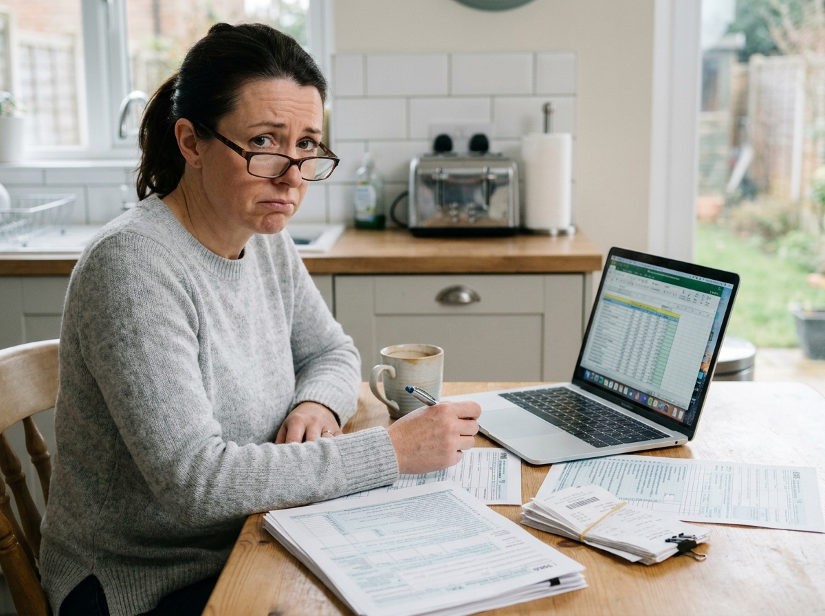 Femme en train de remplir sa déclaration d'impôt sur le revenu avec des documents de revenus locatifs étalés sur une table de cuisine