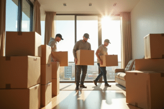 Professionnels du déménagement portant des caisses dans un appartement lumineux