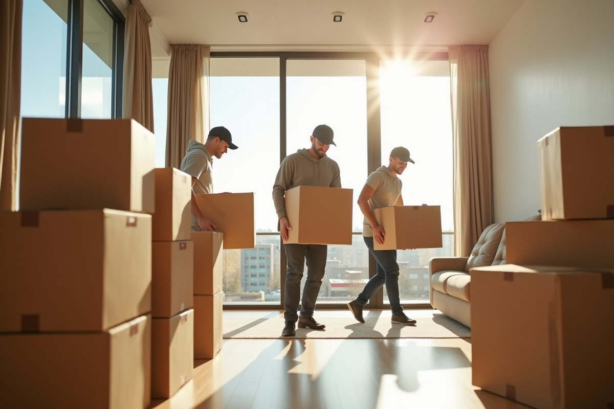 Professionnels du déménagement portant des caisses dans un appartement lumineux