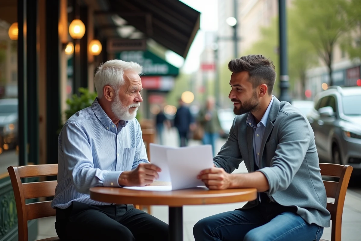 Deux hommes discutent autour d une table de café en ville