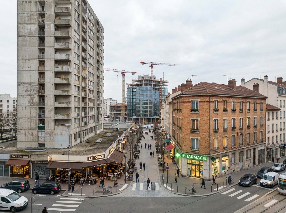 Rue de Villeurbanne montrant la diversité architecturale des immeubles anciens modernes et sociaux influençant le prix des appartements