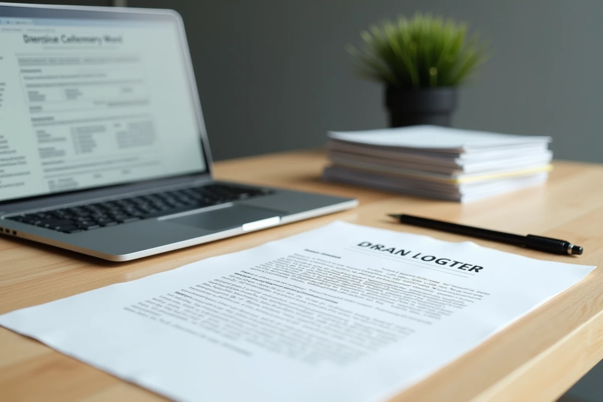 Document pré état daté vierge imprimé posé à côté d'un ordinateur portable sur un bureau minimaliste