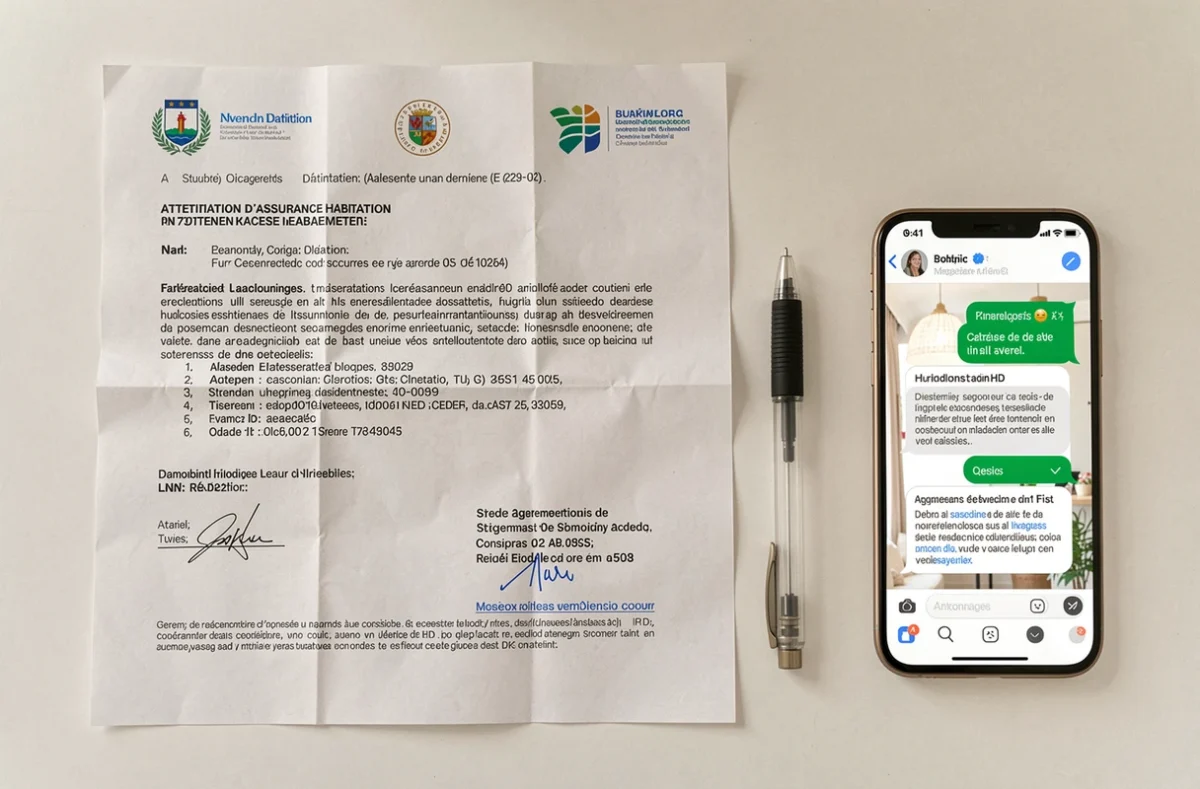 Documents d'assurance habitation Crous posés sur un bureau avec bail étudiant et smartphone