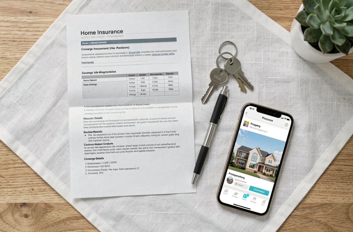 Documents d'assurance habitation, clés et smartphone sur un bureau pour illustrer une couverture multirisque