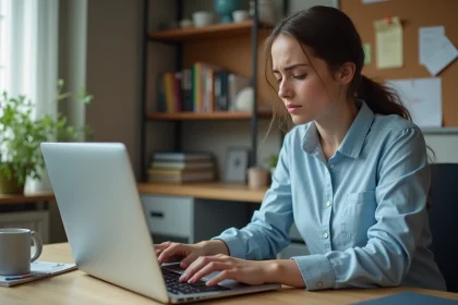 Jeune femme frustrée devant un formulaire en ligne refusé sur AL'in, assise à un bureau d'étudiant avec un ordinateur portable