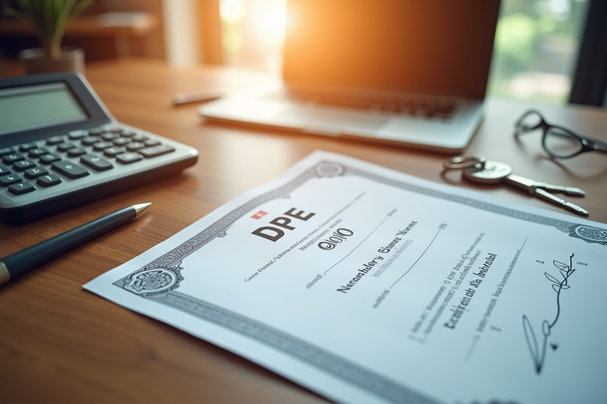 Certificat DPE avec clés et calculatrice sur un bureau bien éclairé