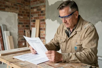 Entrepreneur en bâtiment consultant une liste de travaux déductibles pour le calcul de la plus-value immobilière dans un appartement en rénovation