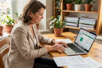 Femme consultant une estimation immobilière en ligne sur ordinateur portable avec des documents de marché étalés sur un bureau en bois