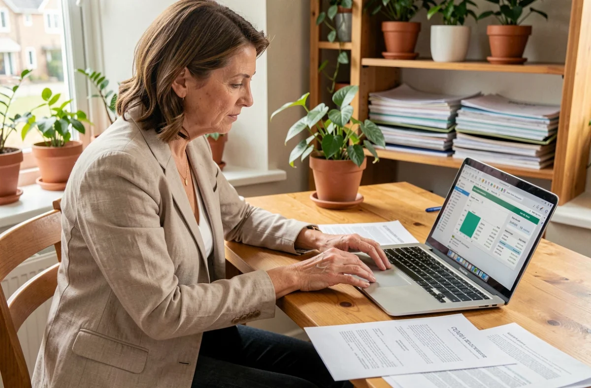 Femme consultant une estimation immobilière en ligne sur ordinateur portable avec des documents de marché étalés sur un bureau en bois