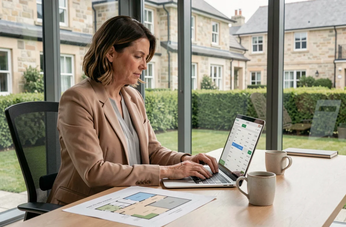 Femme utilisant un outil d'estimation immobilière en ligne pour évaluer une villa de prestige depuis son bureau à domicile