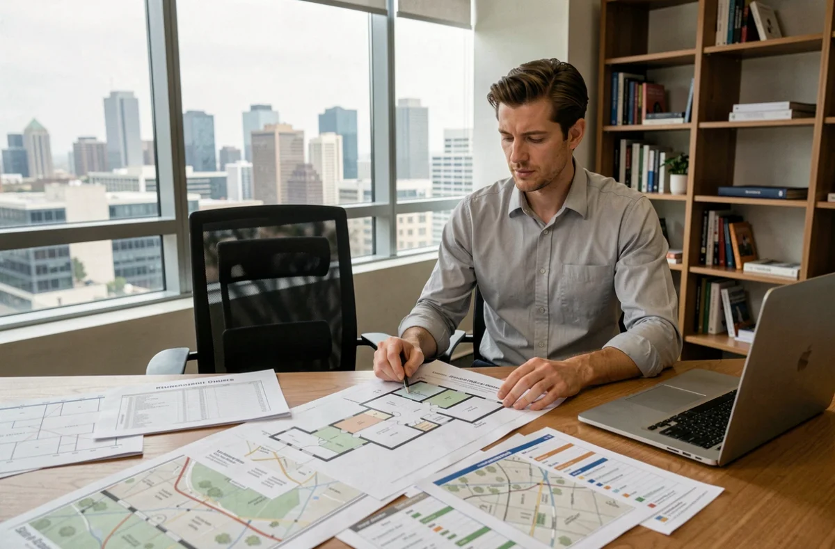 Homme d'affaires étudiant des plans d'emplacement immobilier et des cartes de zonage dans un bureau moderne