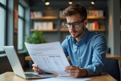 Jeune étudiant en économie travaillant sur un laptop dans une bibliothèque
