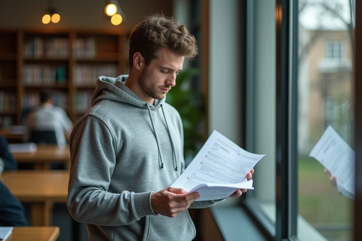 Étudiant consultant des documents de dossier de logement AL'in avec des annotations dans une bibliothèque universitaire