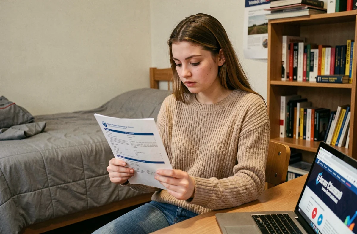 Étudiante lisant son attestation d'assurance habitation dans une chambre de résidence universitaire Crous