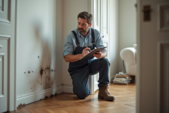Expert en dégâts des eaux inspectant un mur intérieur