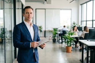 Expert en gestion locative analysant des documents dans un espace de bureaux commercial moderne
