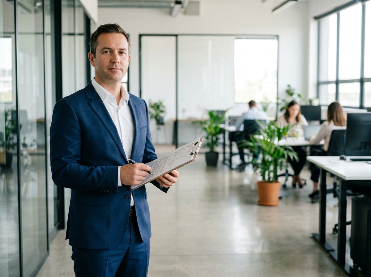Expert en gestion locative analysant des documents dans un espace de bureaux commercial moderne
