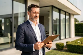 Expert immobilier local évaluant une villa haut de gamme avec vue sur une architecture contemporaine et jardin soigné