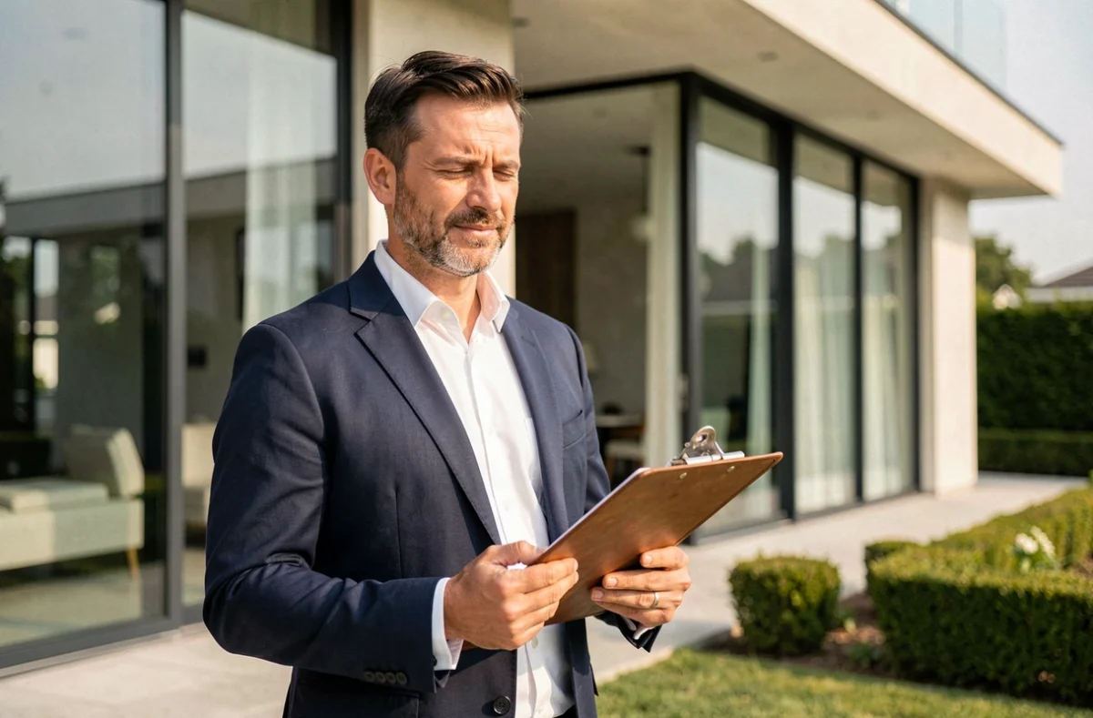 Expert immobilier local évaluant une villa haut de gamme avec vue sur une architecture contemporaine et jardin soigné