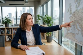 Experte immobilière européenne analysant des documents d'évaluation de biens dans un bureau professionnel moderne