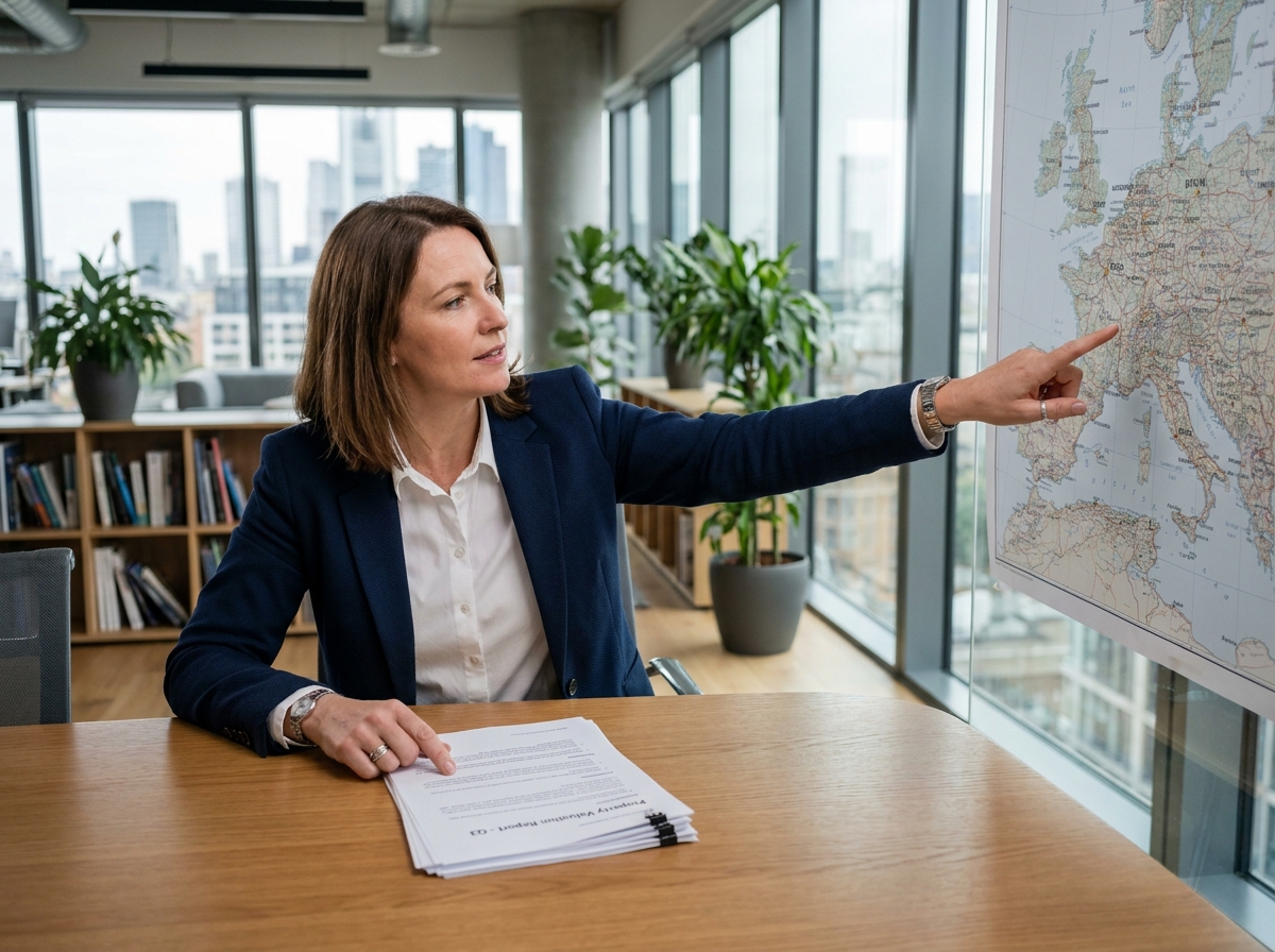 Experte immobilière européenne analysant des documents d'évaluation de biens dans un bureau professionnel moderne