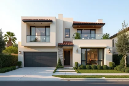 Façade extérieure d'une maison moderne en vente avec jardin soigné, idéale pour visite virtuelle immobilière
