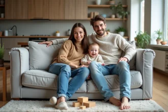 Jeune couple en famille dans un salon moderne chaleureux