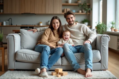 Jeune couple en famille dans un salon moderne chaleureux