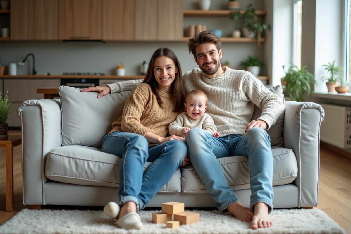 Jeune couple en famille dans un salon moderne chaleureux