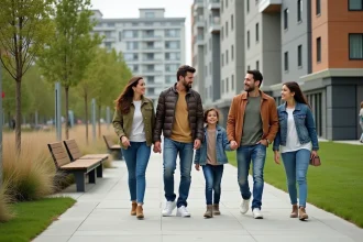 Groupe divers d'adultes et enfants dans un parc urbain