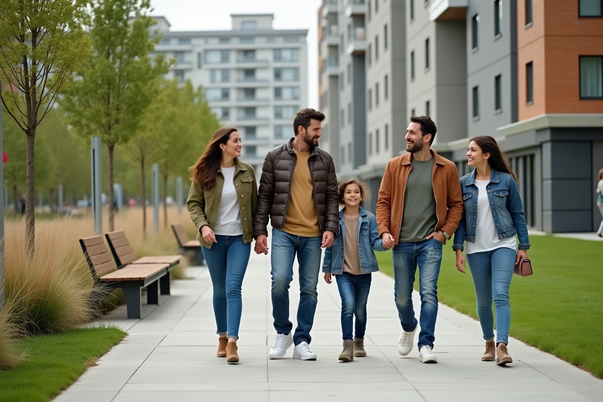 Groupe divers d'adultes et enfants dans un parc urbain