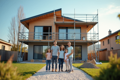 Famille moderne devant leur maison en rénovation