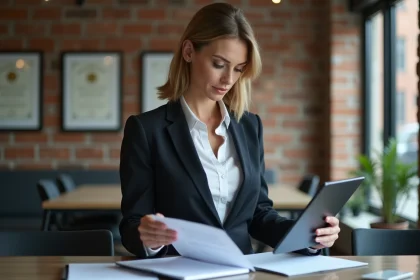 Femme d affaires examine des documents dans un bureau moderne