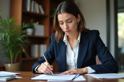 Femme d'affaires en blazer examinant un document juridique