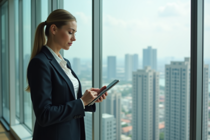 Femme d'affaires en costume moderne dans un bureau urbain