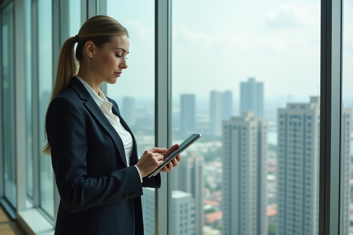 Femme d'affaires en costume moderne dans un bureau urbain