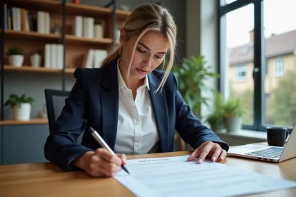 Femme analysant une offre de prêt immobilier CASDEN à son bureau à domicile