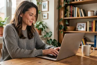Femme consultant des annonces immobilières entre particuliers sur un ordinateur portable dans sa cuisine