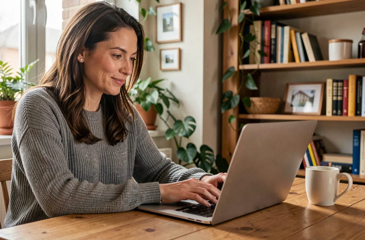 Femme consultant des annonces immobilières entre particuliers sur un ordinateur portable dans sa cuisine