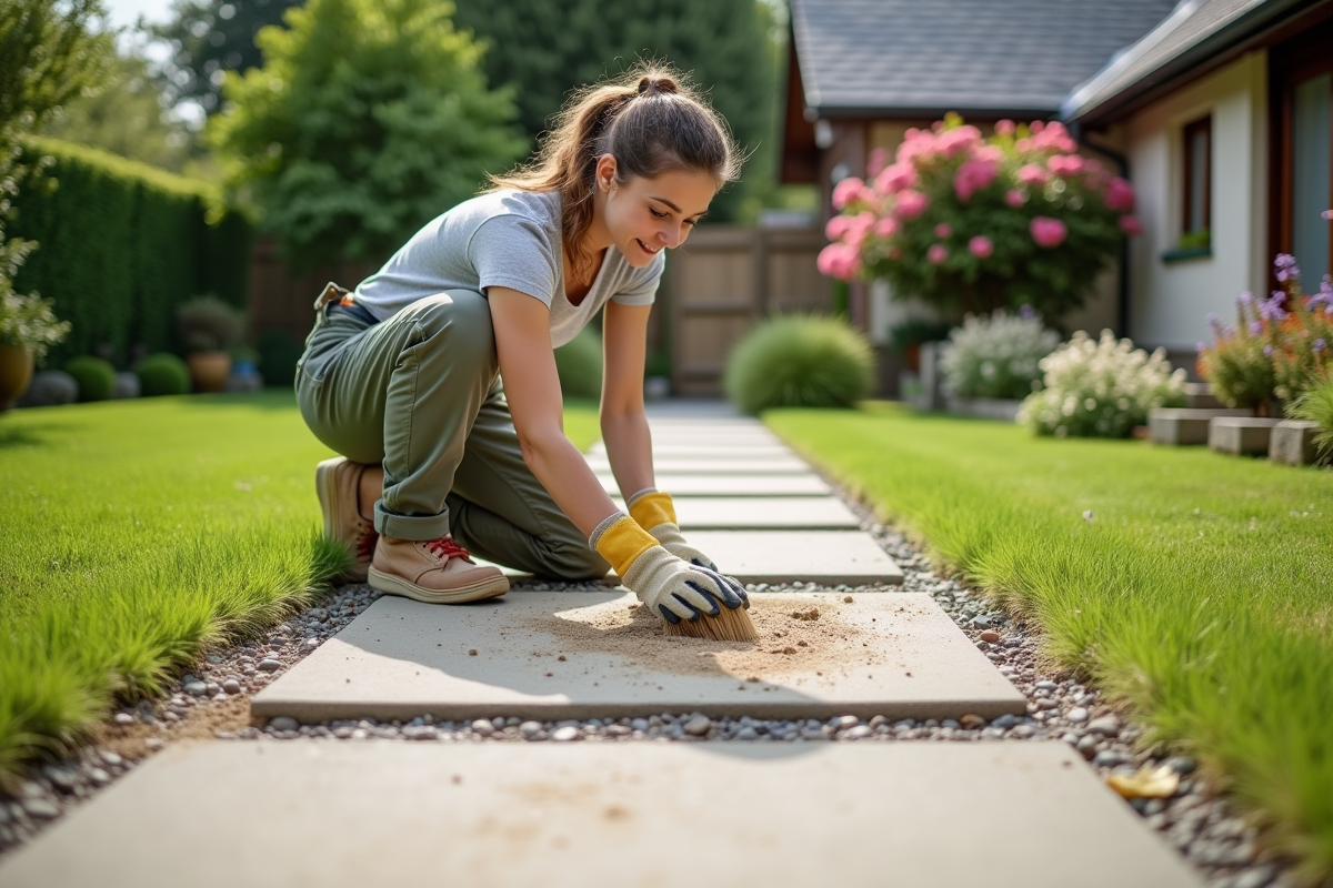 Jeune femme nettoie les pavés du patio