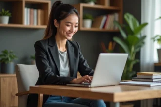 Jeune femme professionnelle utilisant un ordinateur dans un bureau moderne