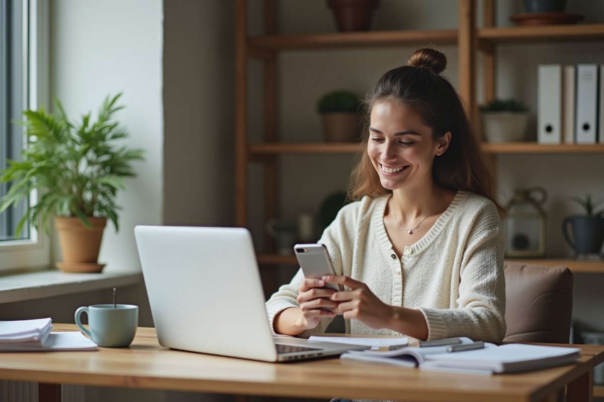 Jeune femme au bureau à la maison avec ordinateur et smartphone