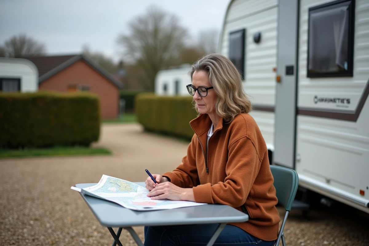 Femme consultant des documents pour choisir un terrain de caravane à louer à l'année
