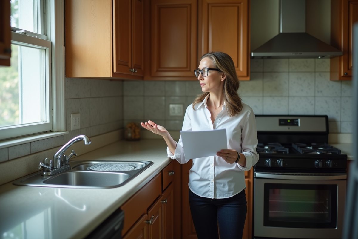 Femme en affaires discutant avec un propriétaire dans la cuisine