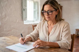 Femme consultant un contrat d'assurance habitation dans un appartement à Ajaccio